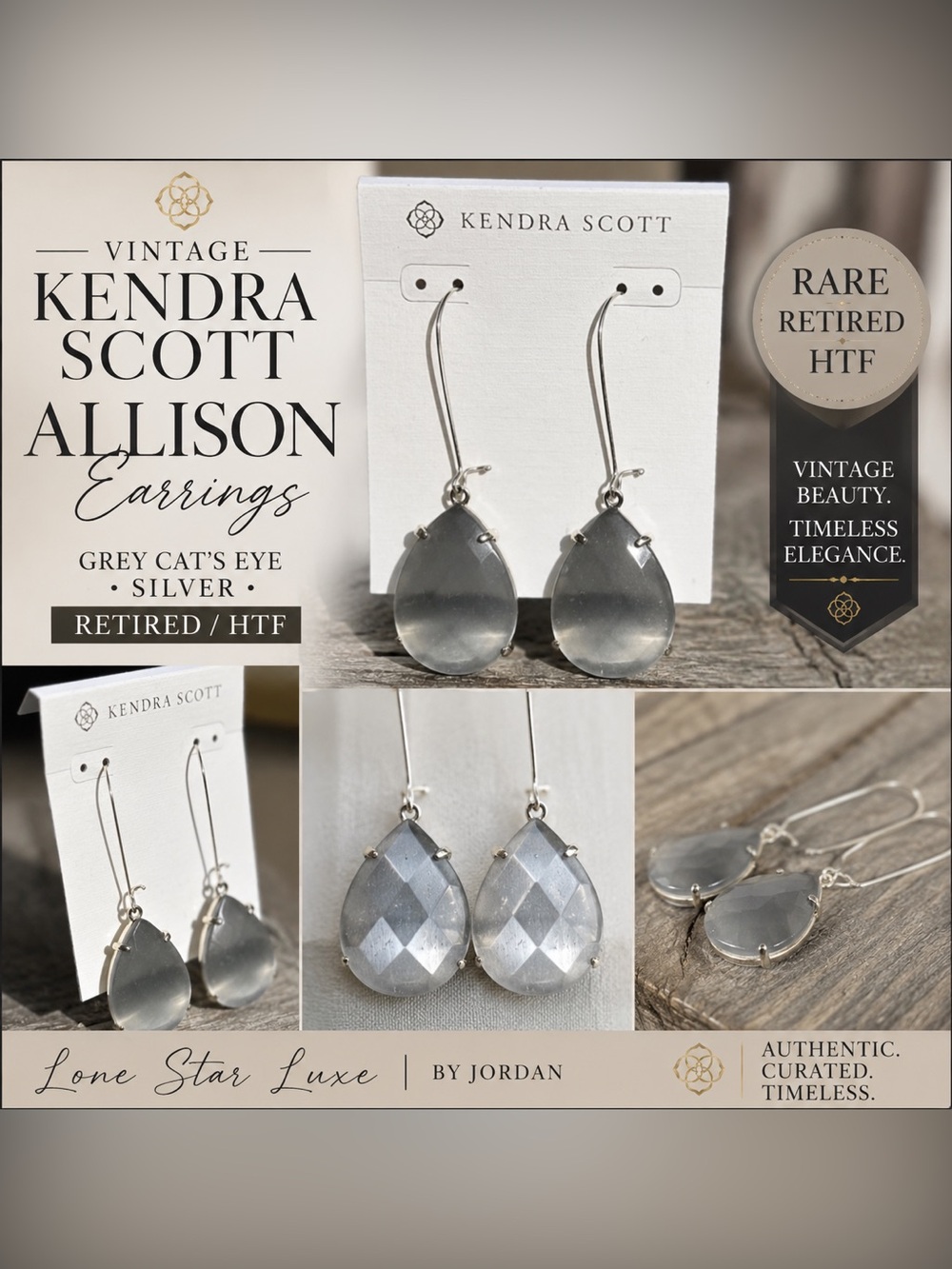 Vintage Kendra Scott Allison Earrings – Grey Cat’s Eye – Silver – Retired HTF